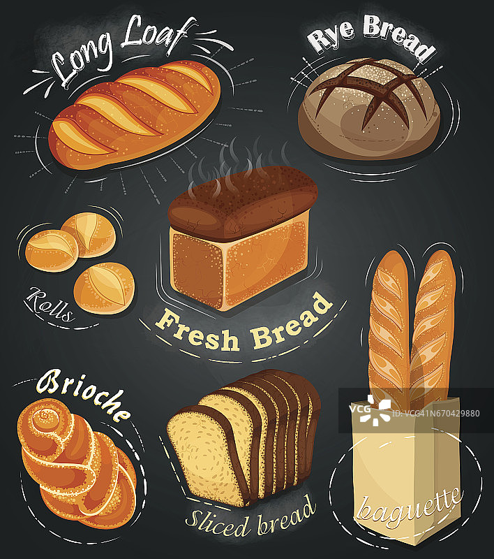 在黑板上为面包店做广告。整套烘焙产品。菜单。长面包，黑麦面包，长棍面包，小圆面包，白面包，切片面包，奶油蛋卷。矢量图图片素材