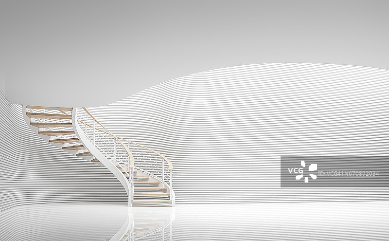 空白的白色房间现代空间和螺旋楼梯3d渲染图像图片素材