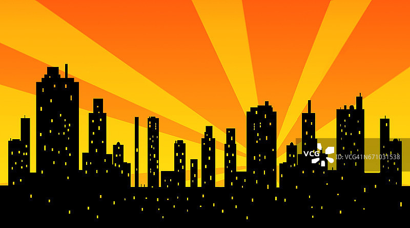 日落时现代城市摩天大楼的轮廓图片素材