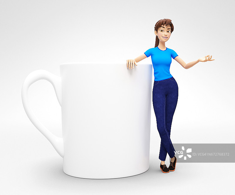 空白咖啡或茶杯模型由微笑和快乐的珍妮- 3D卡通女性角色在休闲服装图片素材