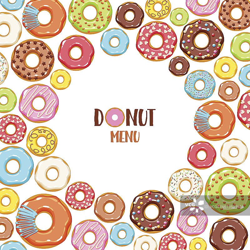 彩色甜甜圈图标背景。甜蜜的面包店向量图片素材