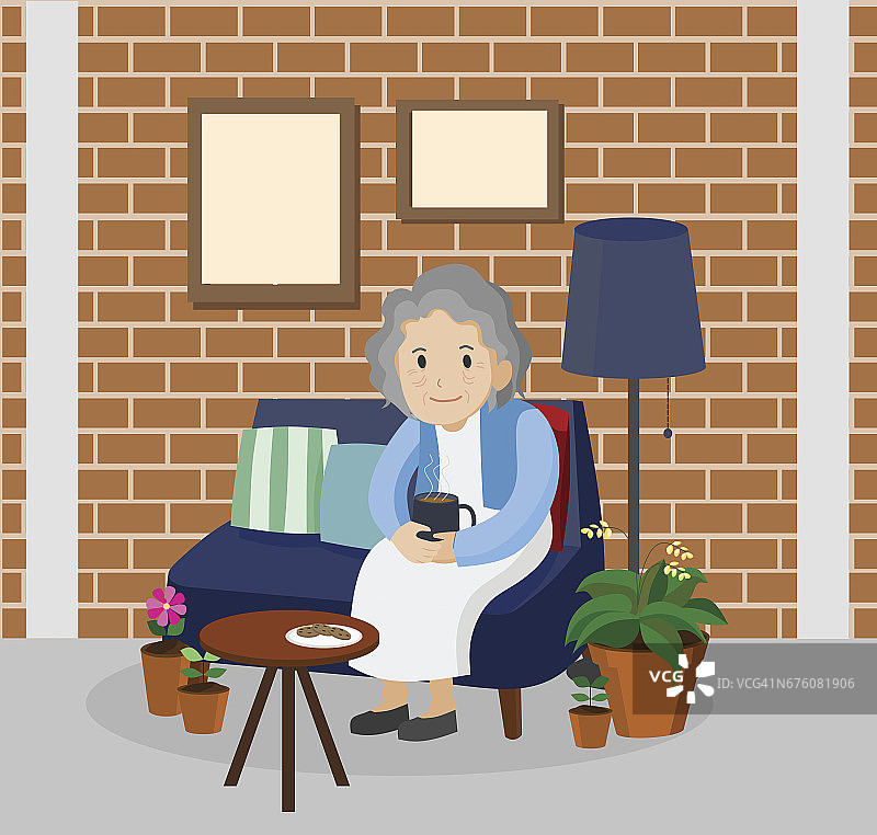 一位老妇人在客厅里的插图。图片素材