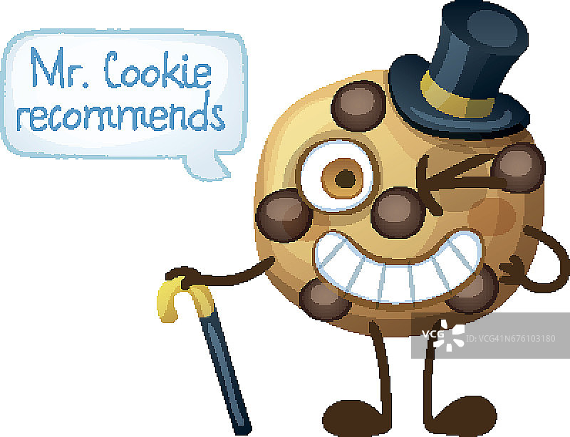 滑稽微笑的Cookie先生角色。巧克力饼干的表情符号孤立在白色的背景。卡通矢量插图。图片素材