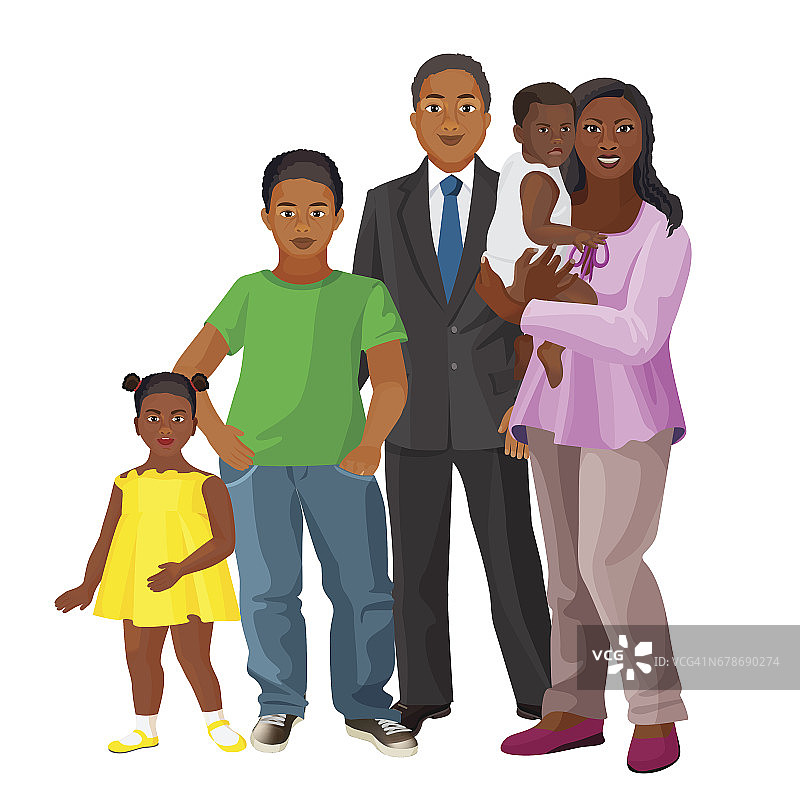 非裔美国人的幸福家庭，父母和三个孩子图片素材
