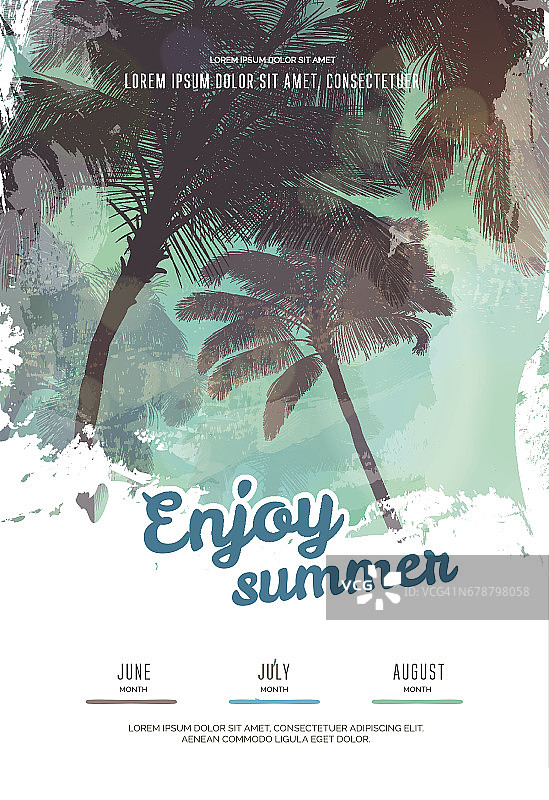 夏季派对海报或传单设计模板与棕榈树的剪影。现代风格图片素材