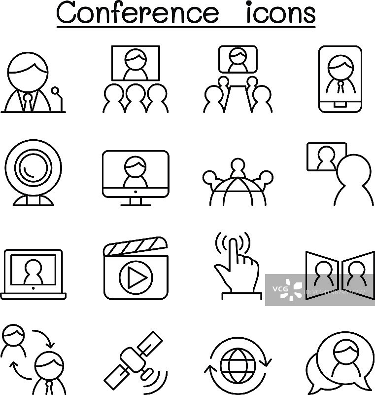 会议&会议图标设置在细线风格图片素材