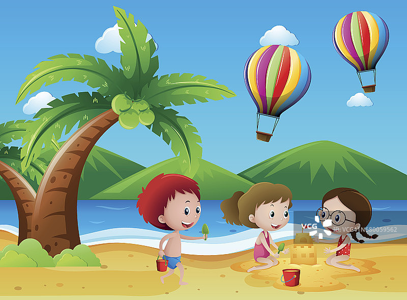 孩子们在海滩上玩耍图片素材