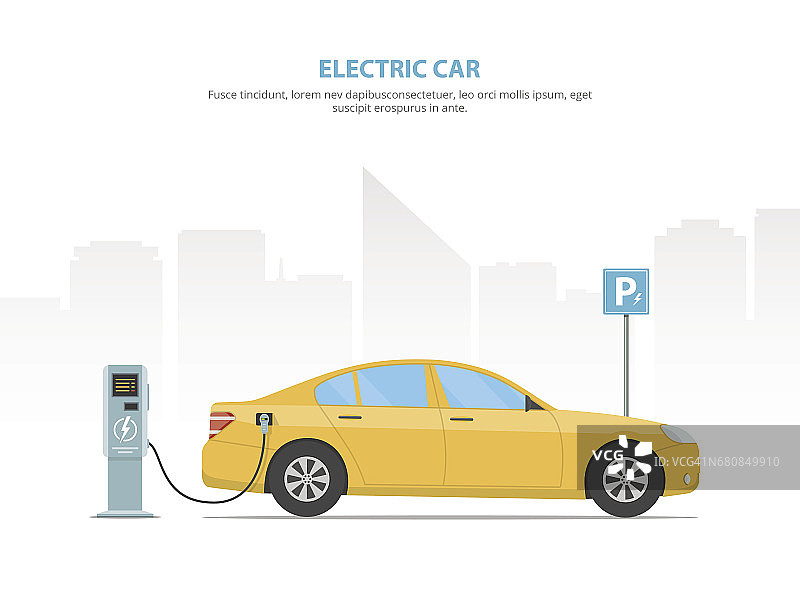 电动汽车正在停车场的充电站充电。图片素材