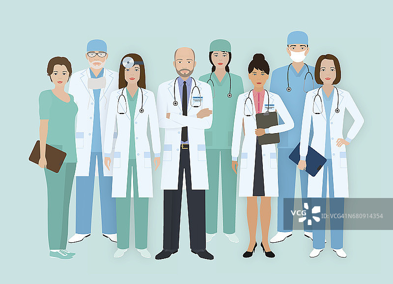 医院工作人员。八位男女医生和护士角色站在一起。医务人员。图片素材