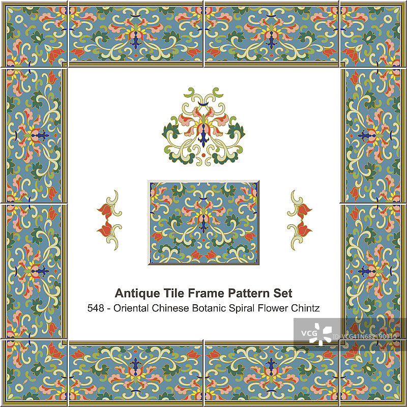 仿古瓷砖框架图案设置东方中国植物螺旋花印花布图片素材