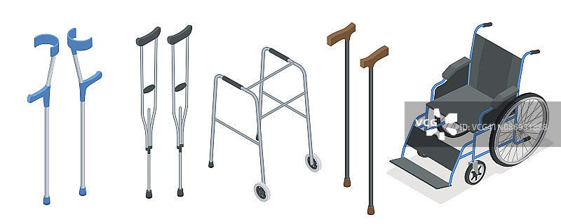 等距移动辅助装置，包括轮椅，助行器，拐杖，拐杖和前臂拐杖。矢量插图。卫生保健的概念。图片素材