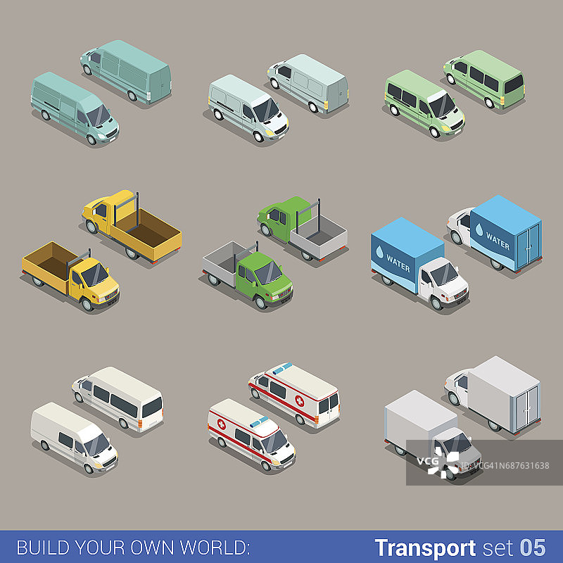 平面三维等距高品质城市货运货物运输图标集。汽车、卡车、货车、建筑、救护车、供水、微型公共汽车。建立你自己的世界网络信息图表收集。图片素材