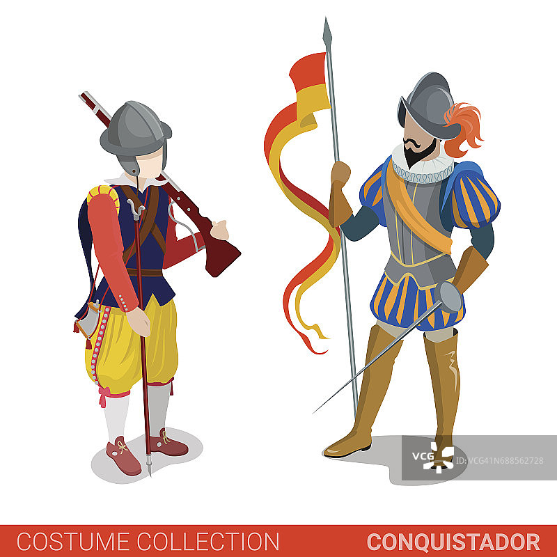 征服者中世纪征服者战士战士夫妇。平面三维等距网站矢量插图。人们在传统服装收集。图片素材