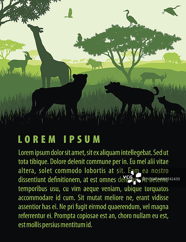 矢量插图的非洲草原野生动物的野生动物的轮廓在日落设计模板景观图片素材