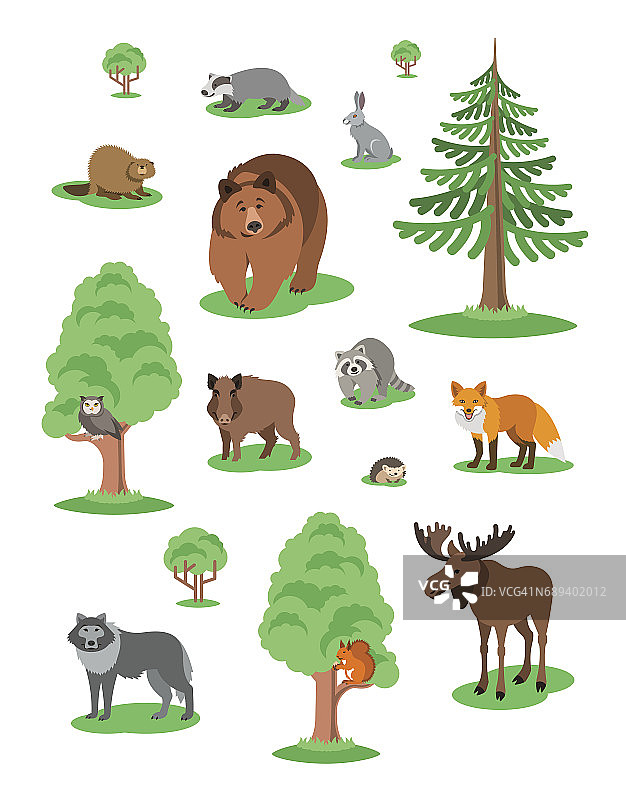 可爱的森林动物孩子卡通插图图片素材