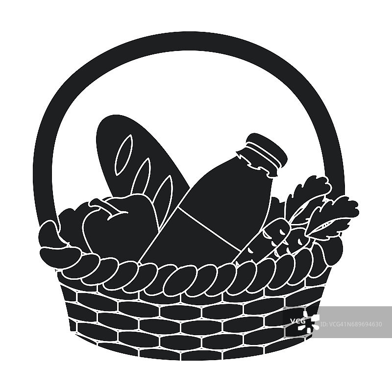 篮子与产品图标在黑色风格孤立在白色背景。慈善和捐赠符号股票矢量插图。图片素材