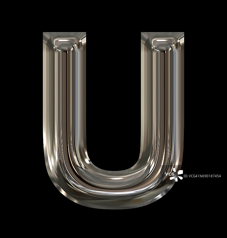 字母U，圆形，发亮，银色，孤立在黑色上图片素材