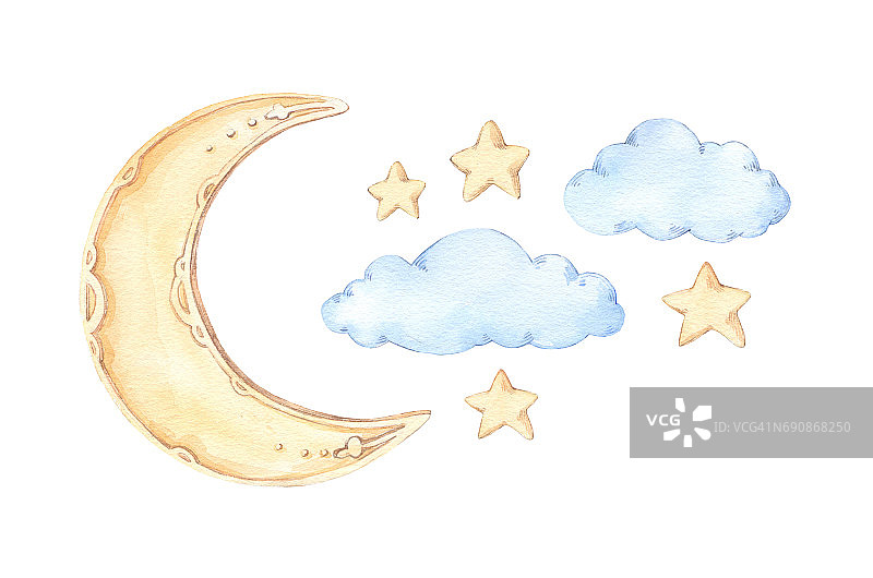 手绘水彩插图-晚安(睡眠月亮，星星，云彩)。婴儿打印。适合打印，明信片，海报，贺卡等图片素材