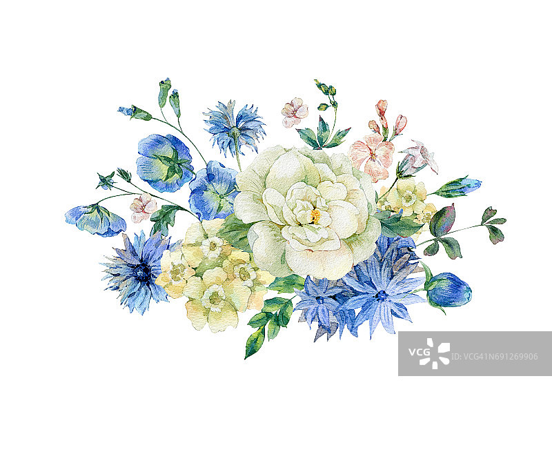 水彩花束与蓝色盛开的野花图片素材