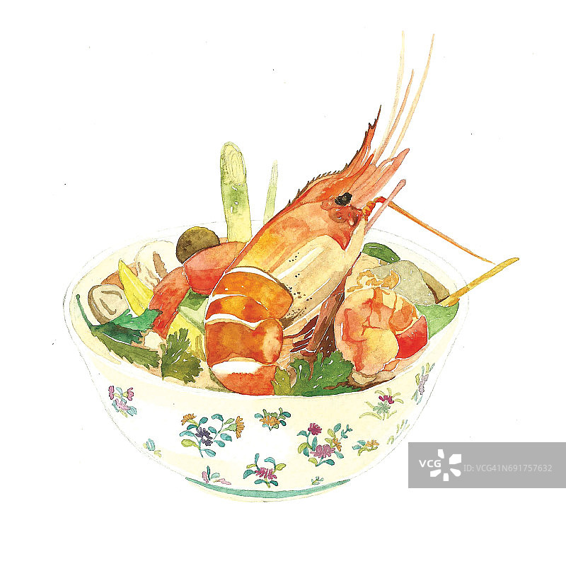 酸虾汤。泰国菜。非常有名的泰国菜。手绘水彩画。参考图片来自http://thaSour虾汤。泰国菜。非常有名的泰国菜。水彩画图片素材