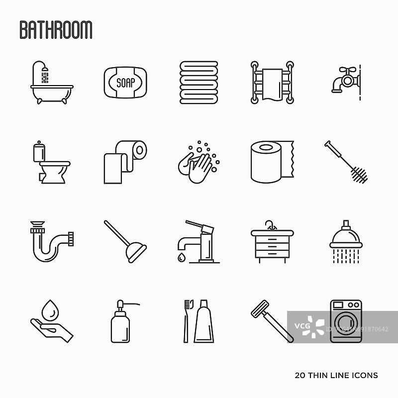一套浴室设备细线图标。矢量插图。卫生，纯洁，美丽，水管工相关的图标。图片素材