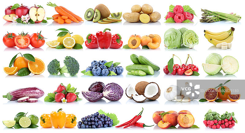 水果和蔬菜采集分离的橘子，苹果，浆果，香蕉，葡萄图片素材