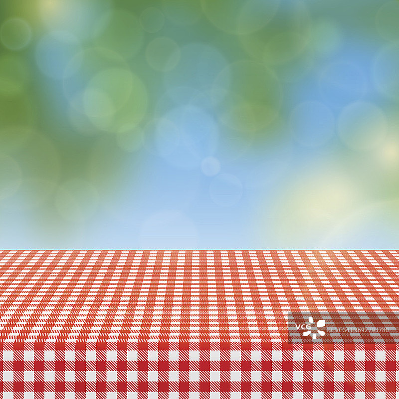 野餐桌与红色格子亚麻桌布和模糊的自然背景矢量插图图片素材