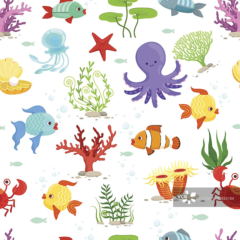 有趣的水下生物，有海洋植物和鱼类。向量无缝模式图片素材