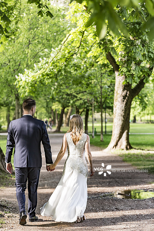新娘和新郎夫妇穿着婚纱和白色婚纱从后面看到手牵手穿过绿树公园图片素材