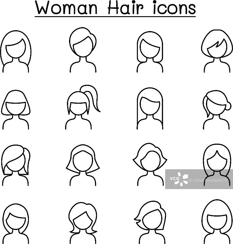 女人发型图标设置在细线风格图片素材
