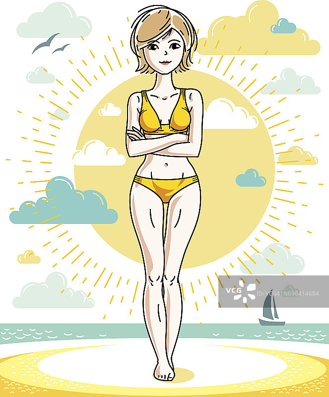 快乐年轻的金发女人在热带海滩和穿着泳衣摆姿势。矢量吸引女性插图。暑假生活方式主题卡通。图片素材