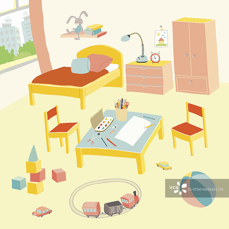 儿童卧室内设家具和玩具。儿童游戏室在平坦的风格。手绘卡通插图在白色的背景。婴儿淋浴设计元素。图片素材
