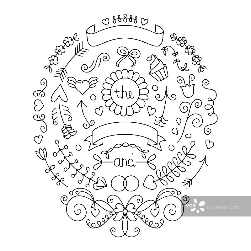 婚礼图形集箭，心，月桂，花环，花，丝带等。图片素材