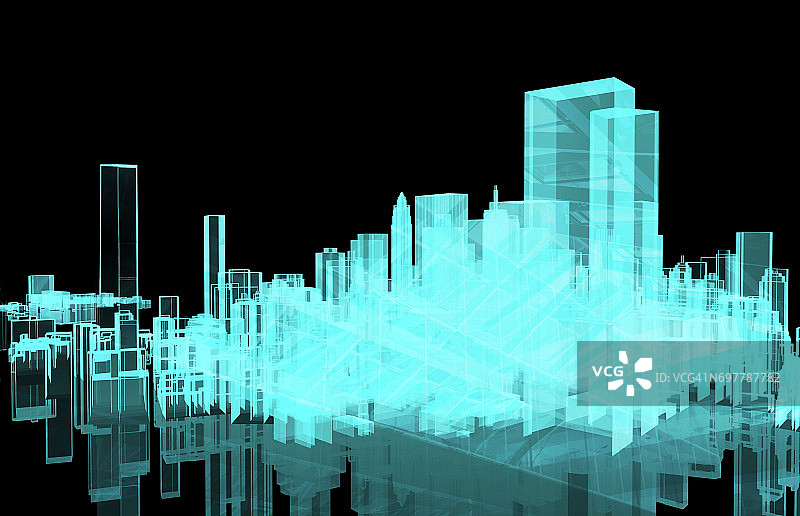 电网、智慧城市能源、电力配送链行业技术理念。建筑和黑色背景的3D渲染。图片素材