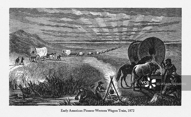 西部先驱者马车队，早期美国维多利亚版画，1872年图片素材