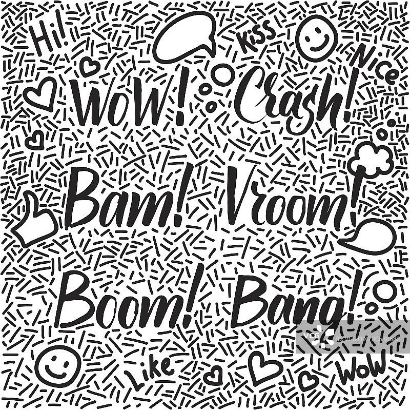 线条艺术手绘涂鸦集与现代书法文字Crash, Wow, Love, Bam, Boom, Vroom!图片素材