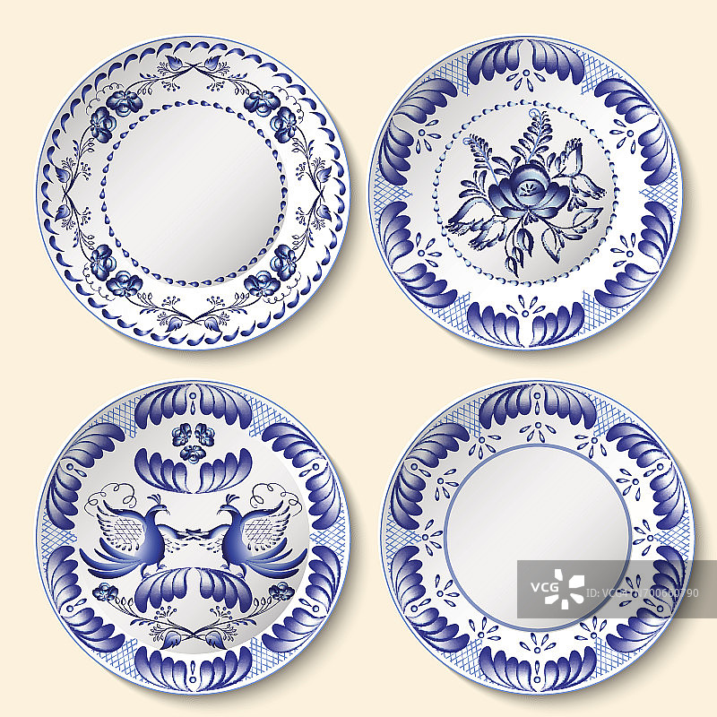 格热尔风格的蓝色民族图案装饰瓷盘。图片素材