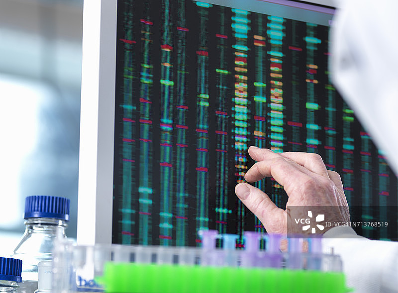 DNA研究，科学家在实验室的电脑屏幕上查看DNA测试结果，前面是一盘样本图片素材