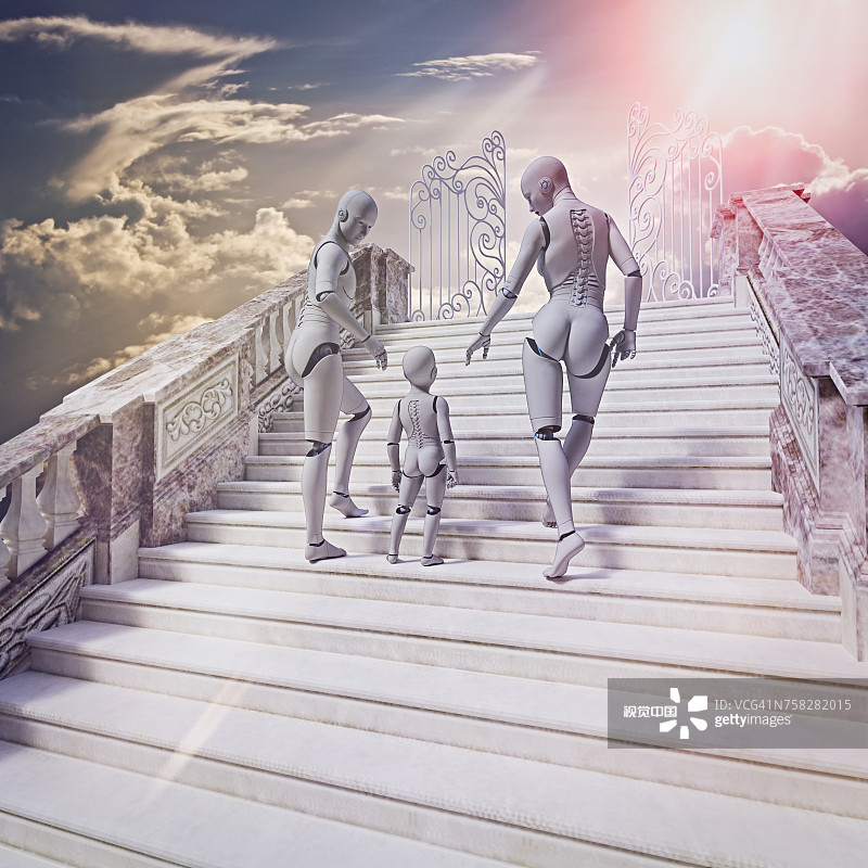 机器人家庭在通往天堂的楼梯上图片素材