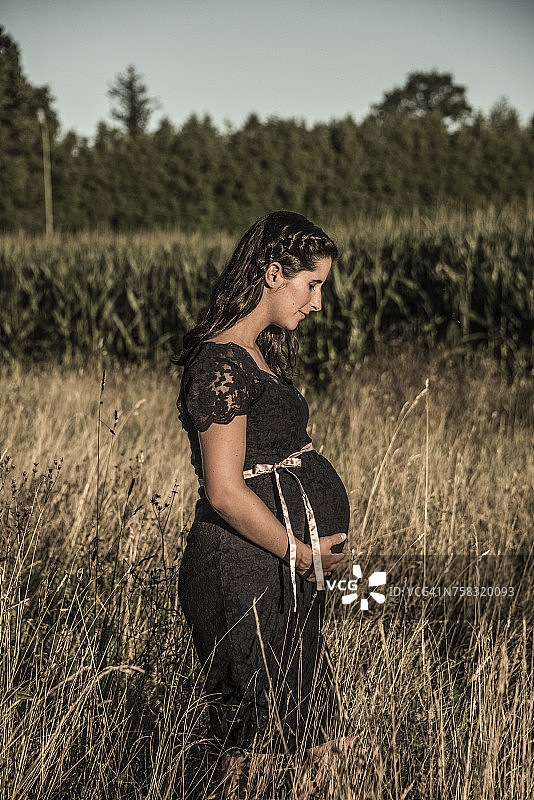 一个孕妇站在田野里图片素材