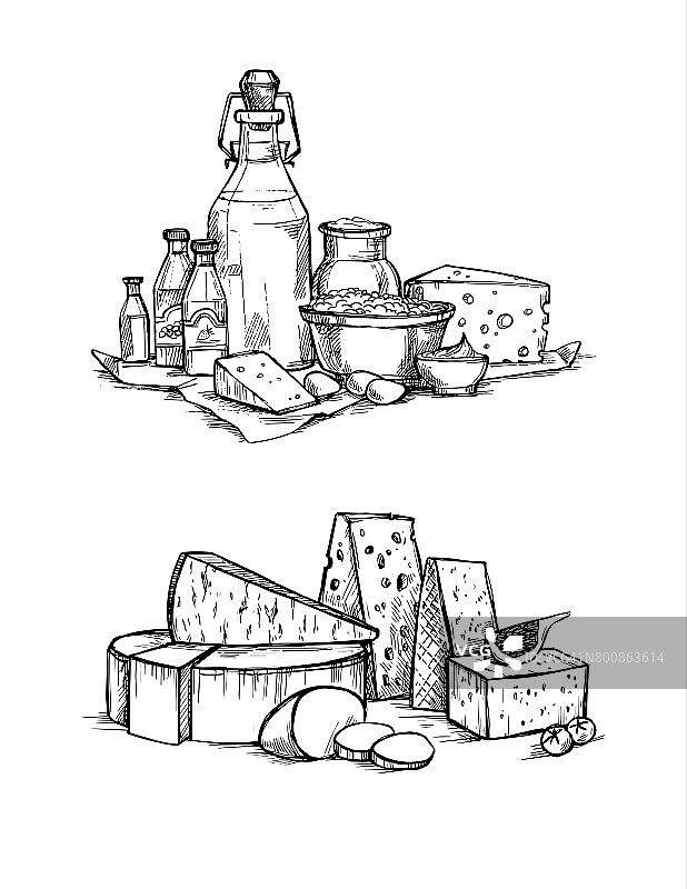 手绘矢量插图。奶酪和牛奶套装(马苏里拉奶酪，蓝奶酪，豪达干酪，帕尔马干酪，马斯丹)。草图风格的设计元素。完美的包装，菜单，卡片，博客图片素材