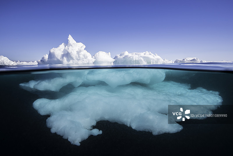 在一个阳光明媚的日子里，加拿大巴芬岛北部的冰层边缘形成的冰的表面上和表面下的景象。图片素材