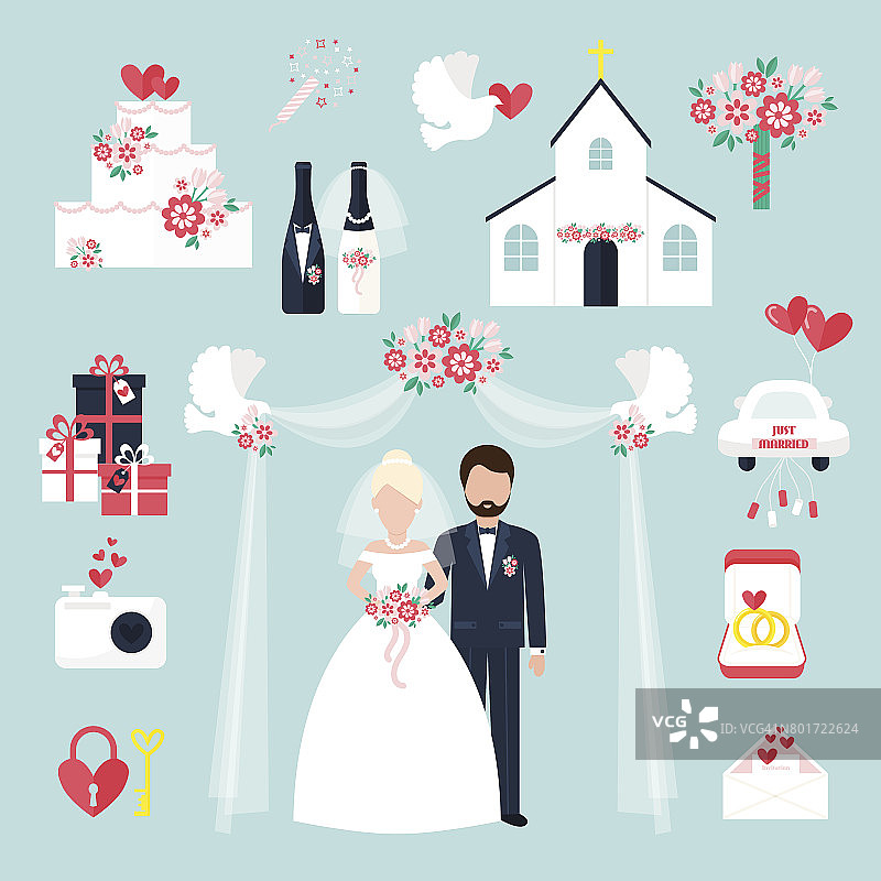 婚礼元素邀请庆祝set flat周年纪念日浪漫装饰夫妇图标矢量插图图片素材