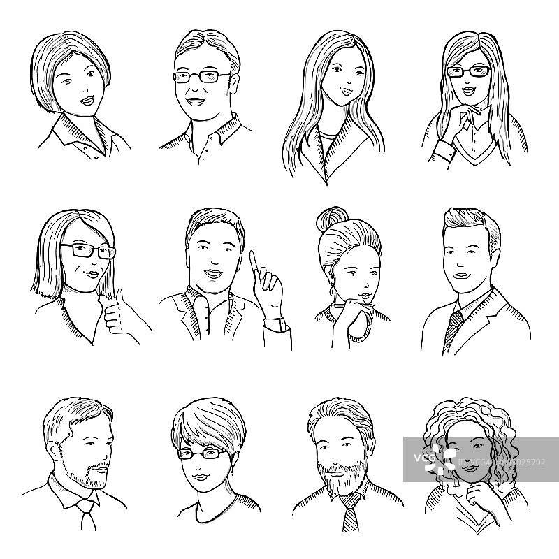 男性和女性手绘插图的象形文字或网络头像。不同的商业面孔有着有趣的情绪。矢量图片设置图片素材
