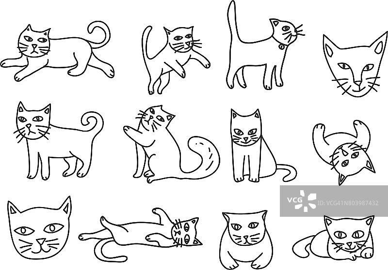 可爱的猫手绘图标向量设置线艺术插图图片素材