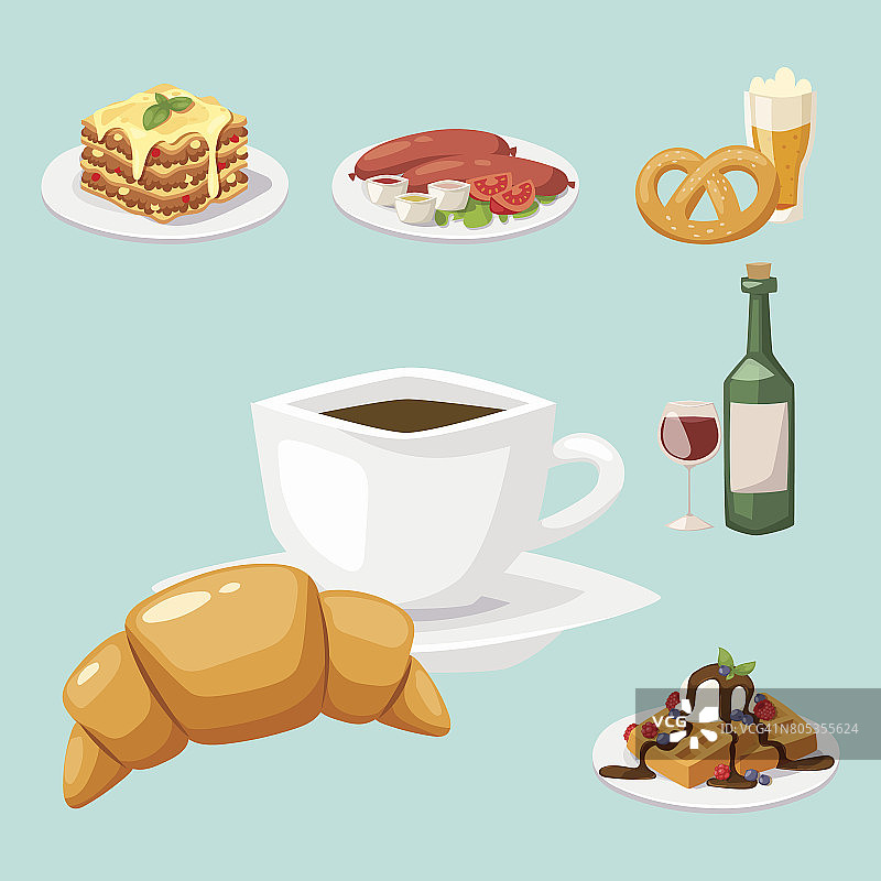 欧洲美食美食晚餐食物显示美味元素平面矢量插图图片素材