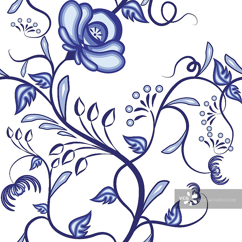 无缝的花卉图案。背景蓝色抽象缠绕植物在民族风格的绘画上的瓷器。图片素材