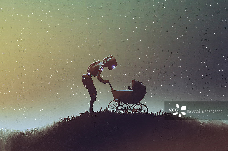 机器人在星空下看着婴儿车里的婴儿图片素材