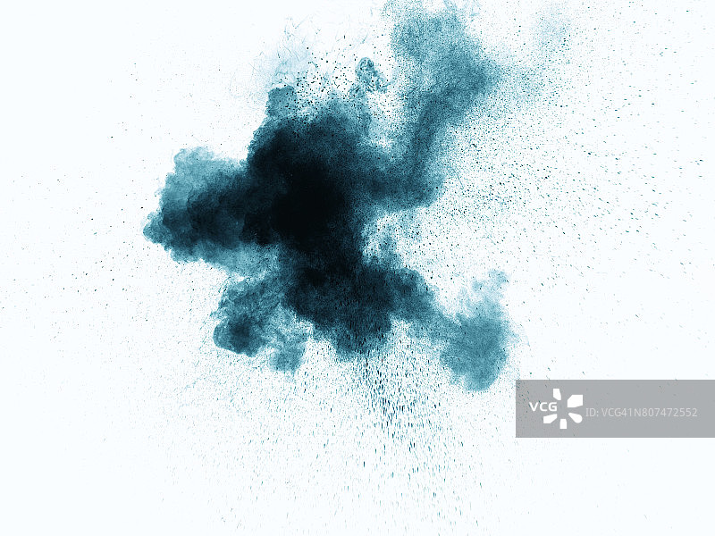蓝色粉末在白色背景上爆炸的形式和纹理图片素材