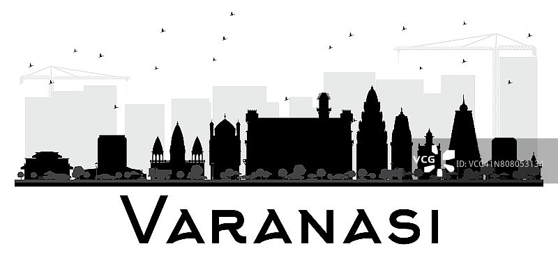瓦拉纳西市的天际线黑白剪影。图片素材